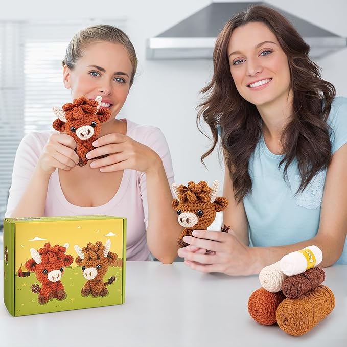 Highland Cow Crochet Kit for Beginners - 2PCS Animals Crochet Kit with Step-by-Step Video Tutorials, Highland Cows Crocheting Kit, Crochet Starter Kit for Adults, Animal Knitting Kit for Birthday