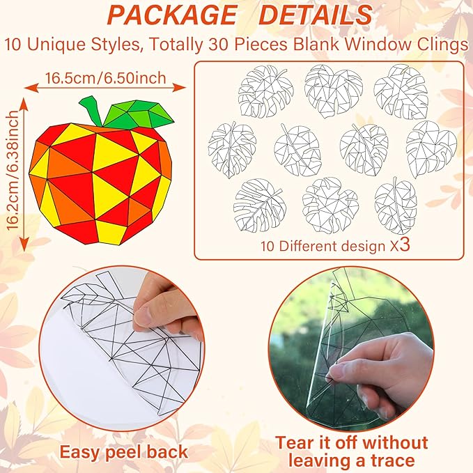 Qyeahkj 30Pcs Thanksgiving Fall Crafts Kits for Autumn Apple Suncatcher Ornaments Coloring Window Clings Color Your Own Fall Arts Crafts DIY Painting Party Gift for Home Decor