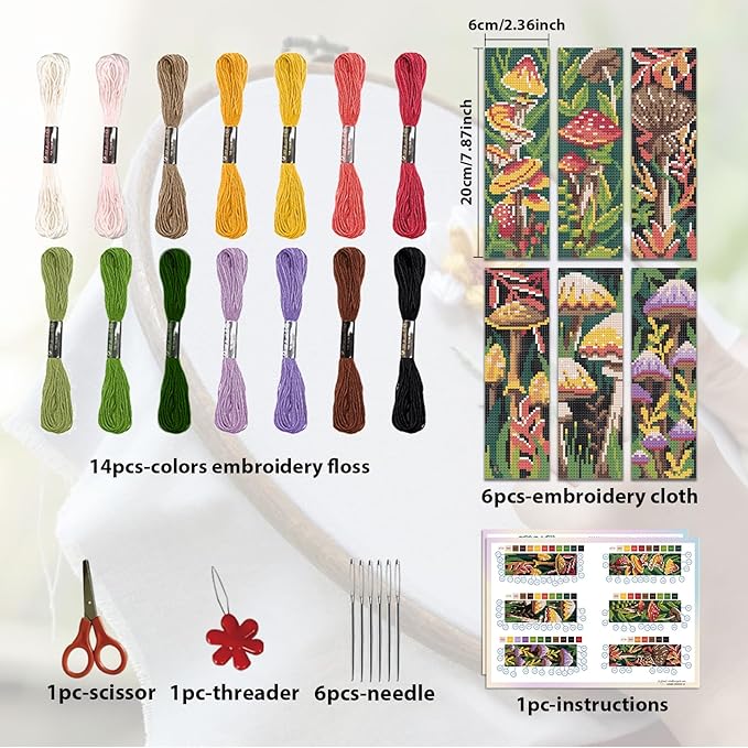 ORIGACH 6 Pcs Cross Stitch Bookmark Kit for Beginner with Backing Felt Floss Instruction Mushroom Plants DIY Stamped Embroidery Bookmark Kit for Starter Adults Book Lovers