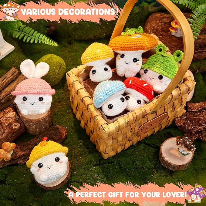 MAGIMUSE Crochet Kit for Beginners, Crochet Starter Kits for Adults Amigurumi Craft Knitting Crocheting Kits with Step-by-Step Video Tutorials, Mushroom Family(40%+ Yarn