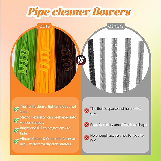 300 Pcs Thick Pipe Cleaners,Craft Supplies Floral Bonquet,DIY Flower Making Kit for Starter with Floral Wires, Gardening Tape,Stamen (Brown+Gold+Green)