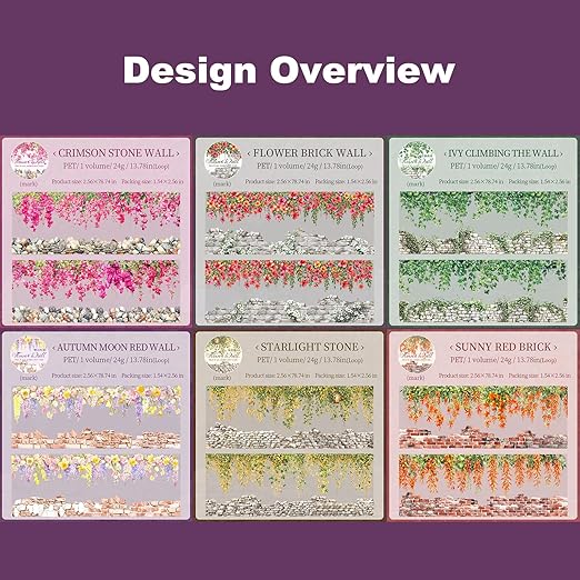 6 Rolls Flower Wall PET Tape Set, Seamless Floral Brick Stone Stickers for Journaling, DIY Crafts, Planner, Scrapbook Supplies with Clip, Waterproof and Decorative