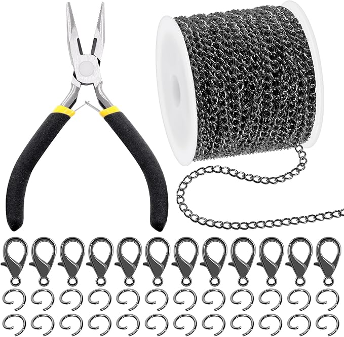102Pcs Jewelry Making Kit, 10 Yards Necklace Chains with 50Pcs Open Jump Rings, 50Pcs Lobster Clasps, Chain Nose Pliers for DIY Necklace Bracelet Jewelry Making - Gun Black