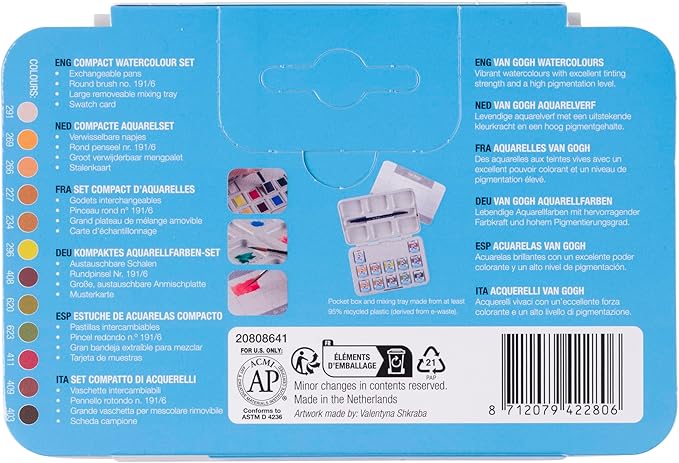 Van Gogh Watercolor Paint Set, Plastic Pocketbox, 12-Half Pan Shades of Nature Selection