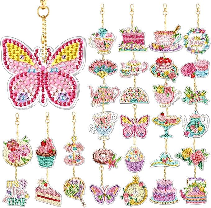Huquary 30 Pcs Diamond Painting Keychains Tea Party Diamond Art Sets for Adult, Double Sided 5d Diamonds Hanging Keychains for Adult Beginner DIY Crafts Party Gift
