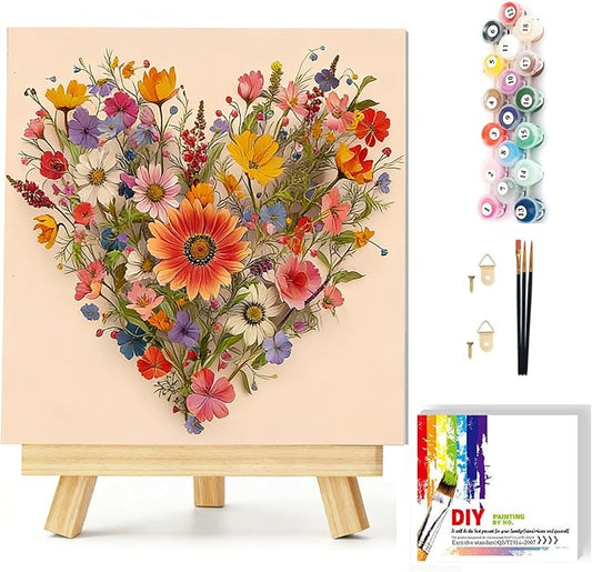 Gemozaic Flowers Paint by Numbers Kit for Adults with Frame and Easel, Heart Shaped Flowers Framed Adults' Paint by Number Kits for Mother's Day Gift,Home, Wall Decor, 8x8 Inch