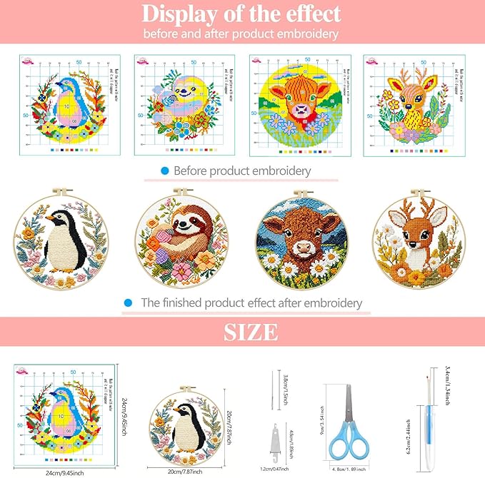 Zhenqing 4-Piece Animal Cross Stitch Kit for Beginners - Complete Set with Pre-Printed 11CT 24x24cm Fabric, Hoop & Tools (Penguin, Sloth, Cow, Deer Designs)(70405)