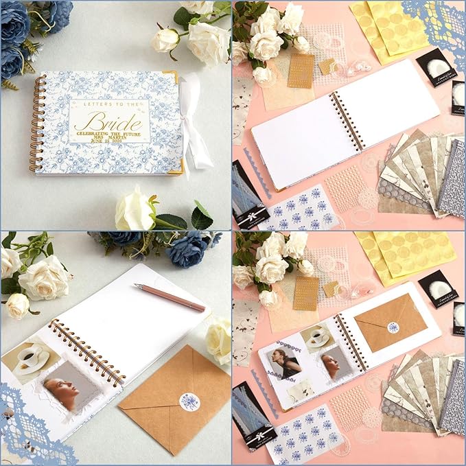 Wedding Guest Book Letters to The Bride Scrapbook Wedding Memory Book Bridal DIY Blank Paper Scrapbook Photo Album Guest Sign with Pearl Stickers(8.5 x 7 Inch,Floral,Blue)