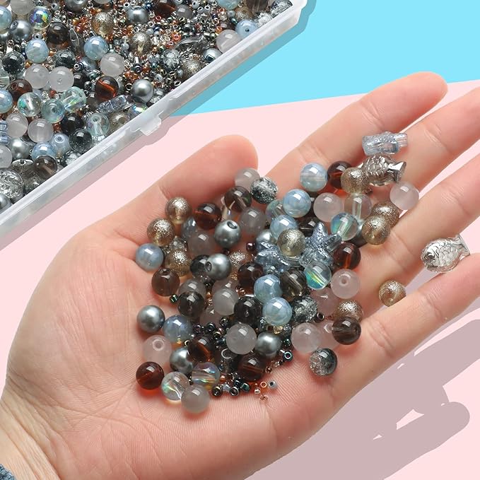 Decorative Glass Beads for Jewelry Making, 760pcs Grey Assorted Beads Bracelet Making Kit with Seed/8mm Crystal Beads for DIY Craft