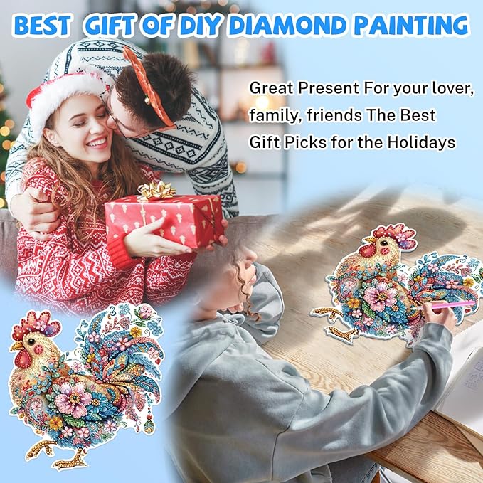 Bowetile Hanging Diamond Art Chicken Kits for Adults, 5D Special Shape Diamond Painting Rooster Pendant Kits, Animal Gem Art Suncatchers Painting Ornament for Home Garden Wall Window Decor