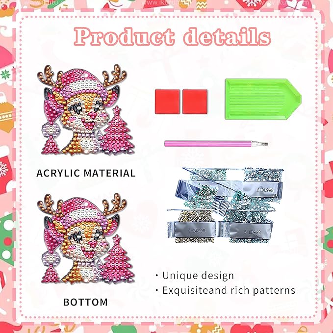 JeCuiK 6 Pcs Diamond Painting Wind Chimes Pink Deer Diamond Art Christmas Ornament Kits Suncatcher 5D DIY Diamond Art Kits for Adults Holiday Xmas Best Gifts