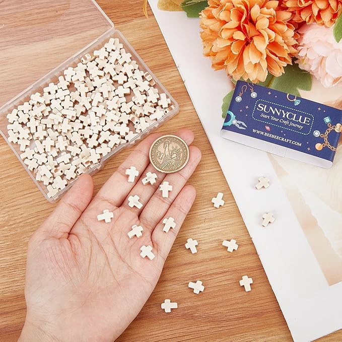 SUNNYCLUE 1 Box 200Pcs White Cross Beads Synthetic Turquoise Tiny Small Cross Beads Semi Precious Stone Bead Easter Holiday Beads for Jewelry Making Kit Adult Women Bracelets 8x10mm