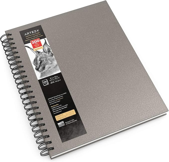 Arteza Sketch Book, 9x12-inch Gray Drawing Pad, 100 Sheets, 68 lb 100 GSM, Hardcover Drawing Book, Spiral-Bound Sketch Pad for Pencils, Charcoal, Pens, Crayons and Other Dry Media