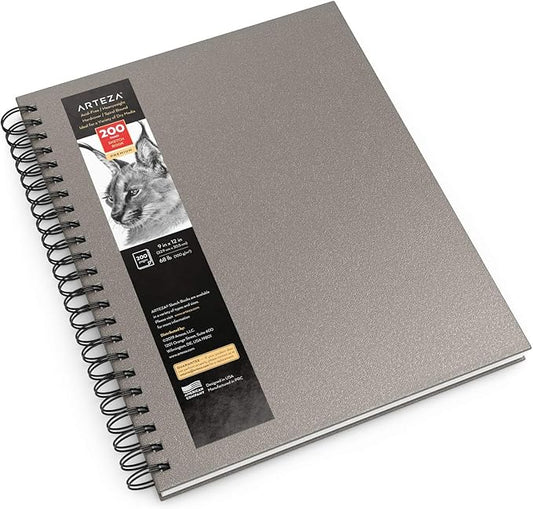 Arteza Sketch Book, 9x12-inch Gray Drawing Pad, 100 Sheets, 68 lb 100 GSM, Hardcover Drawing Book, Spiral-Bound Sketch Pad for Pencils, Charcoal, Pens, Crayons and Other Dry Media