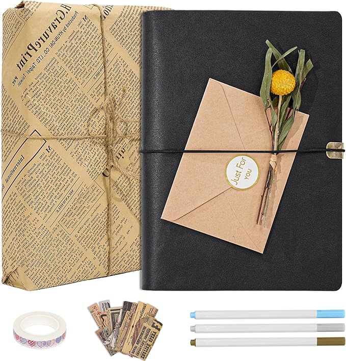 Vienrose Photo Album Scrapbook Kit, 3 Ring Faux Leather Cover DIY Memory Book Kraft Paper with 30 Sheets 60 Pages, Vintage Scrapbooking Supplies Set for Wedding, Anniversary, Valentine Gifts, Black