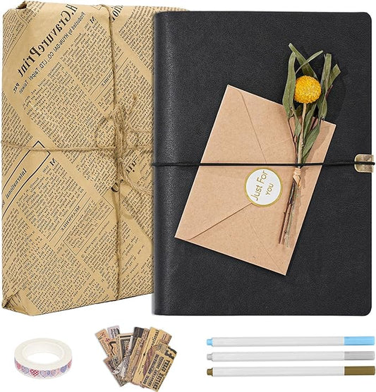 Vienrose Photo Album Scrapbook Kit, 3 Ring Faux Leather Cover DIY Memory Book Kraft Paper with 30 Sheets 60 Pages, Vintage Scrapbooking Supplies Set for Wedding, Anniversary, Valentine Gifts, Black