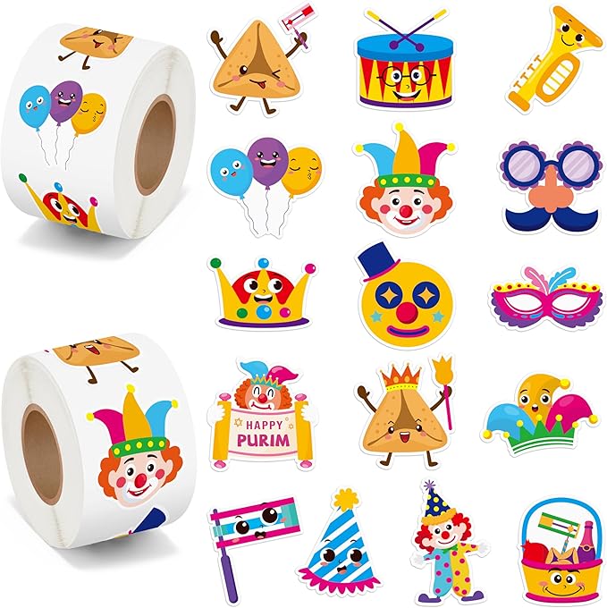 beyumi happy purim sticker roll - 1000pcs happy purim stickers in 2 rolls cute waterproof vinyl masque crown jewish holiday celebration decals gift carnival party laptop bottle scrapbooking decor kids