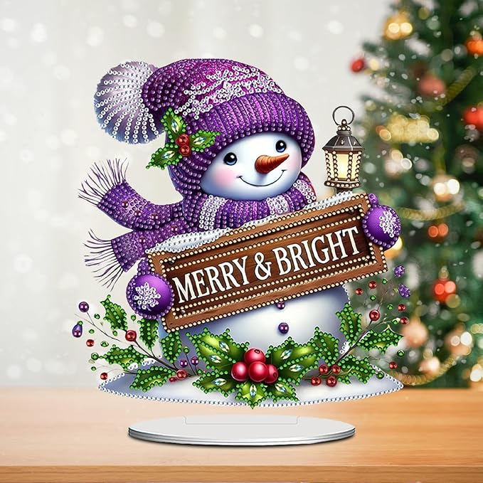 LAKEQUILL Christmas Diamond Painting Kits, Tabletop Ornament, Stand Up Diamond Art Desktop Kits for Home Office Decor, New Year Gift - Snowman (Purple)