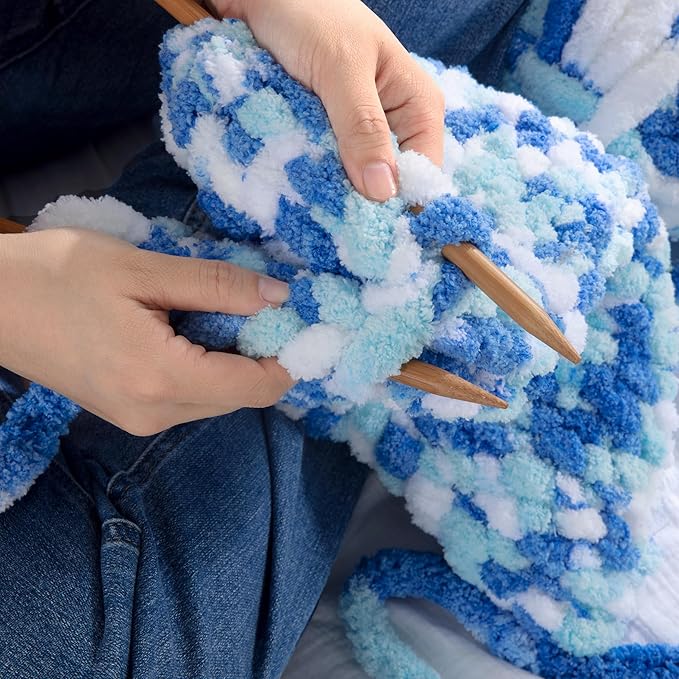 HOMBYS Chunky Tie Dye Mix Chenille Yarn for Hand Knitting, Super Bulky Jumbo Yarn for Crocheting, 3/4" Thick Soft Plush Yarn for Blankets, 8 Skein Pack (26 yds / 7.5 oz Each) Blue,Sky Blue,White