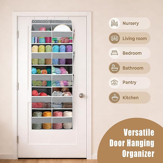 Hanging Yarn Storage Organizer, 10 Extra Large Clear Pockets Organizer with 10 Side Crochet Bag Organizer, Over The Door Yarn Storage for Crochet Hook, Knitting Needles,Gray