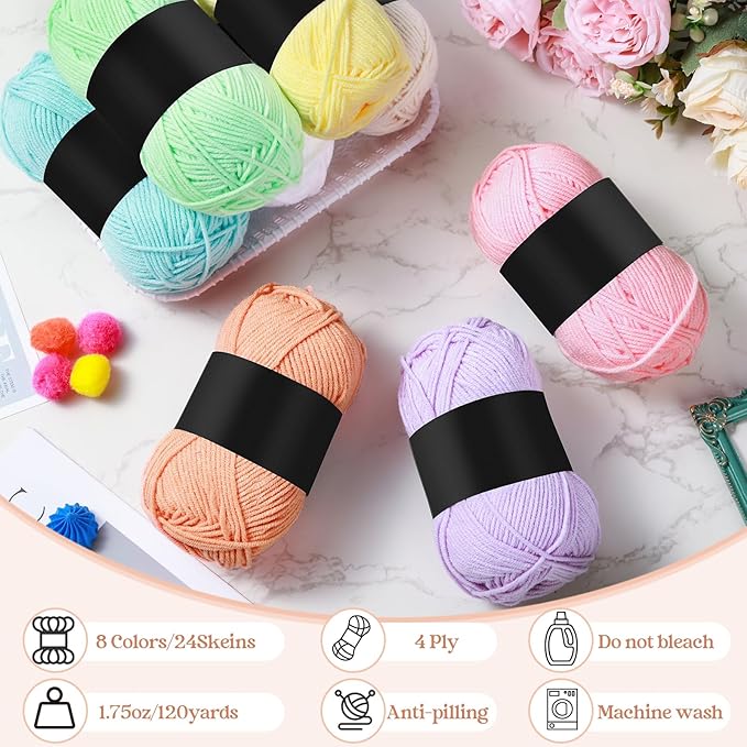 24 Skeins Soft Cotton Yarn Total 2880 Yards Assorted Colors Yarn for Crocheting and Knitting 4 Ply Acrylic Gauze for DIY Crafts Project, Each Skein 1.76 Oz/120 Yard(Pastel Colors)
