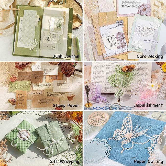 96 Sheets Textured Scrapbook Paper and Mesh Fabric Assorted Set - 6 Pack Mixed Special Paper for Scrapbooking Planner Bullet Junk Journal Supplies Mixed Media Collage Card Embellishments 3.9x5.5 Inch