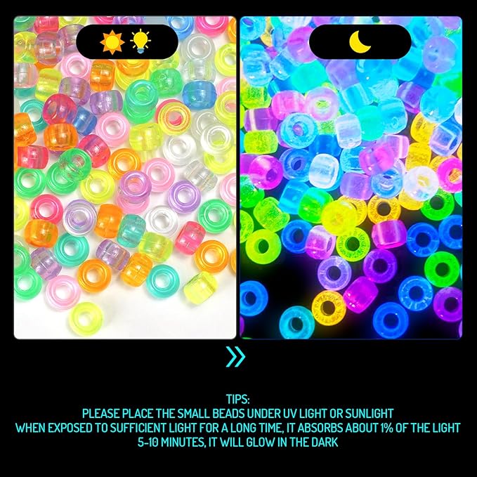 Glow in The Dark Pony Beads for Bracelets, 1000+pcs 6x9mm Rave Kandi Acrylic Beads Neon Luminous Colored Charms Hair Bead for Braids Girls Halloween Jewelry Making Crafts Party Supplies