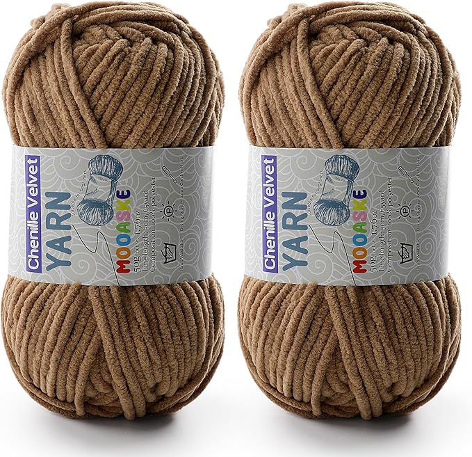 2 Pac Chenille Yarn for Crocheting - Blanket Yarn for Crocheting - Fluffy Yarn for Crochet, Baby Yarn for Crocheting Soft Blankets Weight Per Roll 50g/1.76oz, Length 60m/65yard (Coffee)