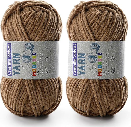 2 Pac Chenille Yarn for Crocheting - Blanket Yarn for Crocheting - Fluffy Yarn for Crochet, Baby Yarn for Crocheting Soft Blankets Weight Per Roll 50g/1.76oz, Length 60m/65yard (Coffee)