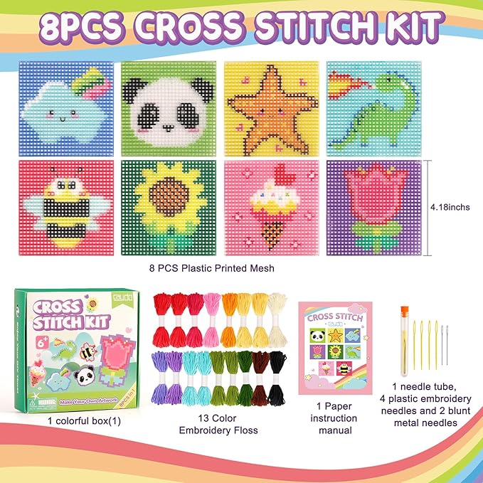 Caydo 8-in-1 Cross Stitch Kit for Beginners Kids, Includes 8 PCS Plastic Canvas with Pre-Patterns, 13 Colors Threads, Instructions, Embroidery Needles for Sewing and Coaster Needlepoint