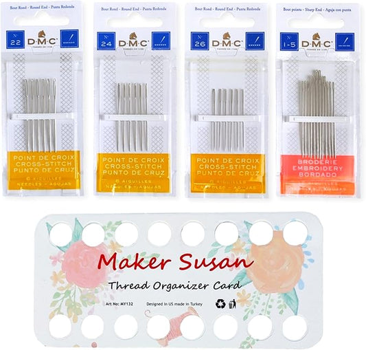 DMC Size 22-24-26 (3 Pack) Cross Stitch Needles Kit, Large Eye Blunt End Needles, DMC Size 1-5 Embroidery Needles with Maker Susan Thread Holder Card (Total 30 Needles, 1 Organizer Card)