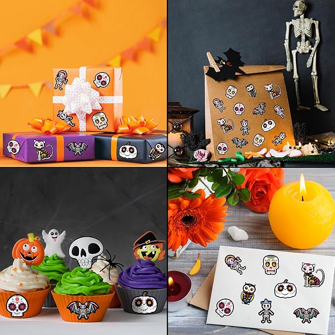 beyumi 1000pcs day of the dead stickers dia de los muertos colorful sugar skull skeleton cat stickers waterproof halloween mexican fiesta stickers decals for laptop water bottle kids party supplies
