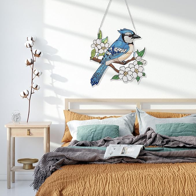 HEIBAGO Bird Hanging Diamond Art Kits for Adults, Flower Special Shaped Crystal Diamond Painting Ornament Kit, DIY Double-Sided Pattern Window Pendant Gem Art Kit for Home Wall Decor 8.3x8.3inch