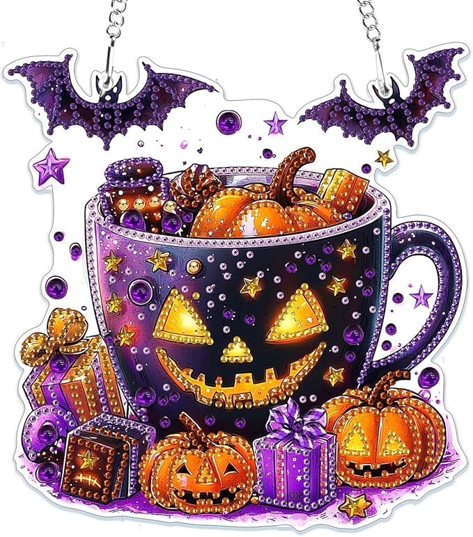MOGTAA Halloween Diamond Art Hanging Pendant Kits, Pumpkin Diamond Art Kits for Adults, 5D Special Shape Diamond Painting Animal Gem Art for Home Garden Wall Decor