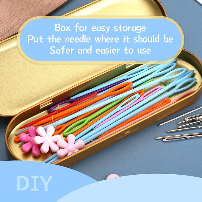 48Pcs Plastic Large Eye Sewing Needles Set,15PCS Large-Eye Blunt Needles,Yarn Needle,10 Knitting Stitch Markers with Box, Needle Threader for Knitting Crochet