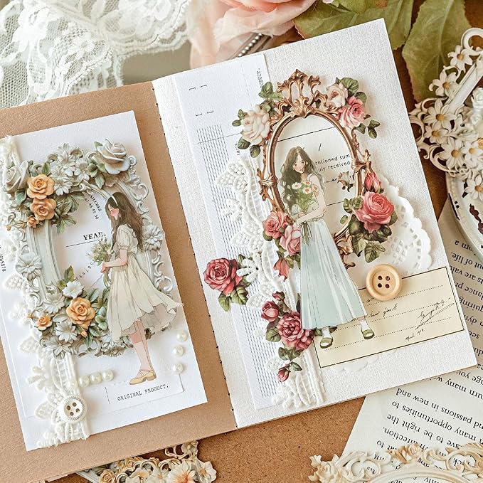 60 Vintage Craft Paper Frames for Scrapbook, Flower Window Decorative Craft Paper Frame for Junk Journaling, Vintage Scrapbook Supplies Card Making kit, Frames Decorative Paper