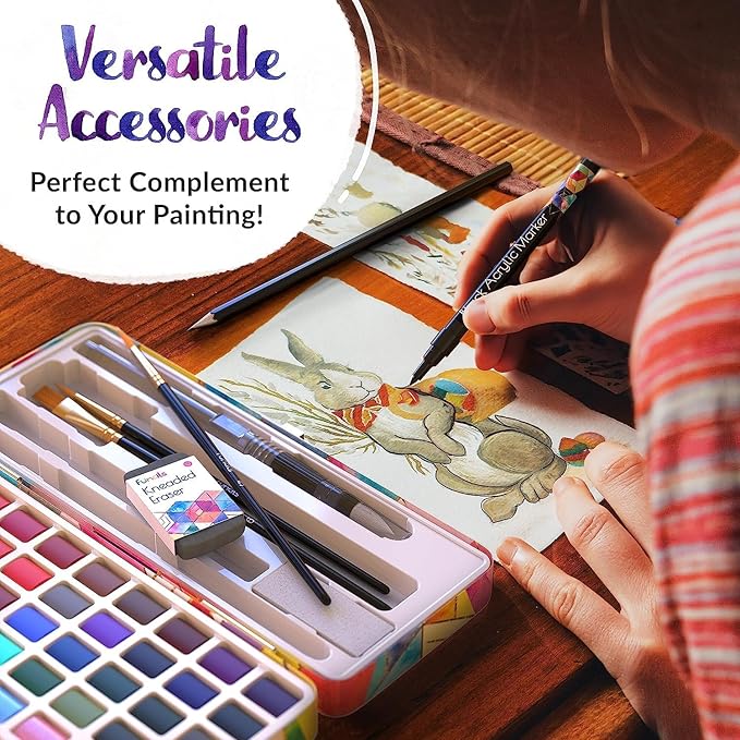 Watercolor Paint Set - 50 Travel Watercolors Set - Water Colors Paint for Adult, Beginners, Professional Artists | Watercolor Palette with Paper, Brush, Pen | Art Supplies for Adults