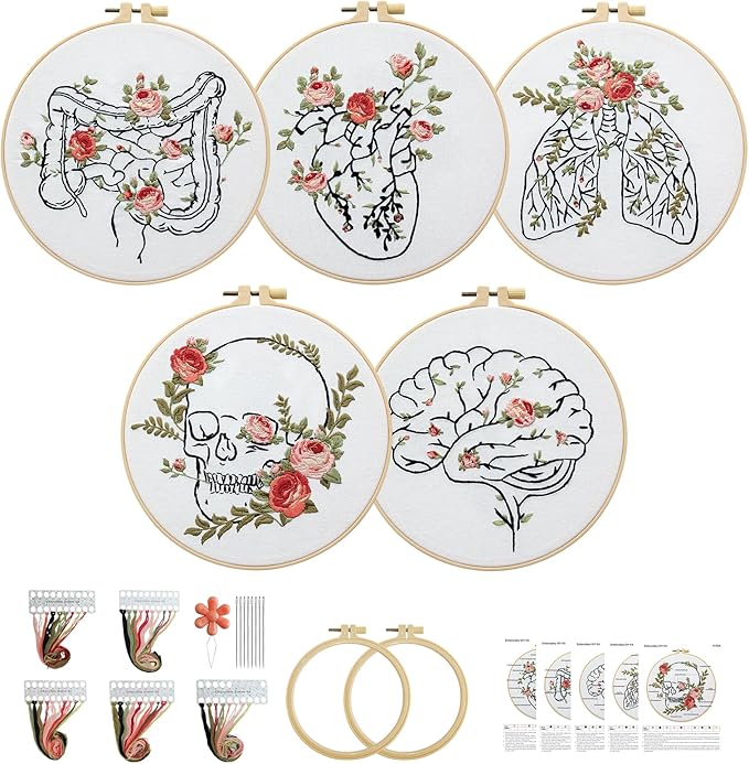 5 Sets Skull Embroidery Kits for Beginners Adults, Anatomy Embroidery Starter Kit for Doctors Nurses Christmas Gifts with Floral Stamped Pattern DIY Needlepoint Kit Cross Stitch Set Includes 2 Hoops