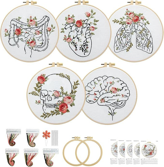 5 Sets Skull Embroidery Kits for Beginners Adults, Anatomy Embroidery Starter Kit for Doctors Nurses Christmas Gifts with Floral Stamped Pattern DIY Needlepoint Kit Cross Stitch Set Includes 2 Hoops