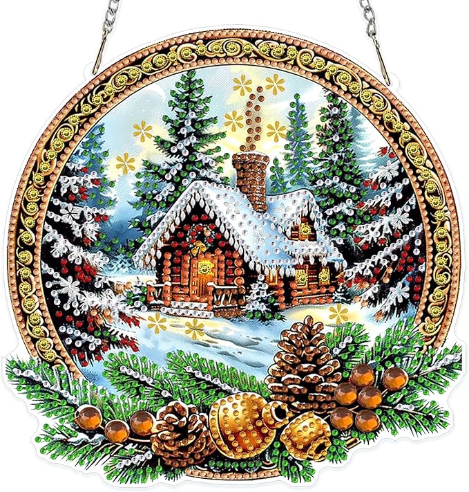MOGTAA Christmas Diamond Art Hanging Kits for Adults Kids, Winter Landscape Diamond Art Suncatchers, 5D Special Shape Diamond Painting Window Pendant Kit for Home Garden Wall Decor