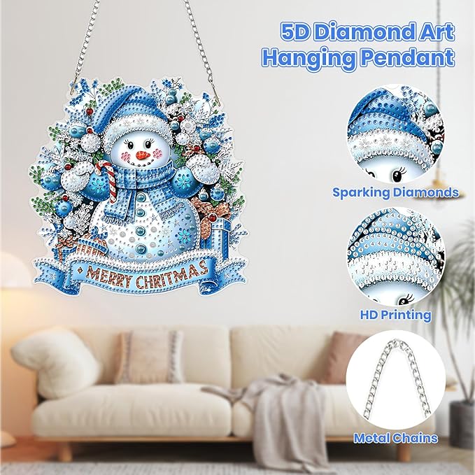 MOGTAA Christmas Diamond Art Hanging Kits for Adults Kids, Christmas Snowman Diamond Art Suncatchers, 5D Special Shape Winter Diamond Painting Window Pendant Kit for Home Garden Wall Decor