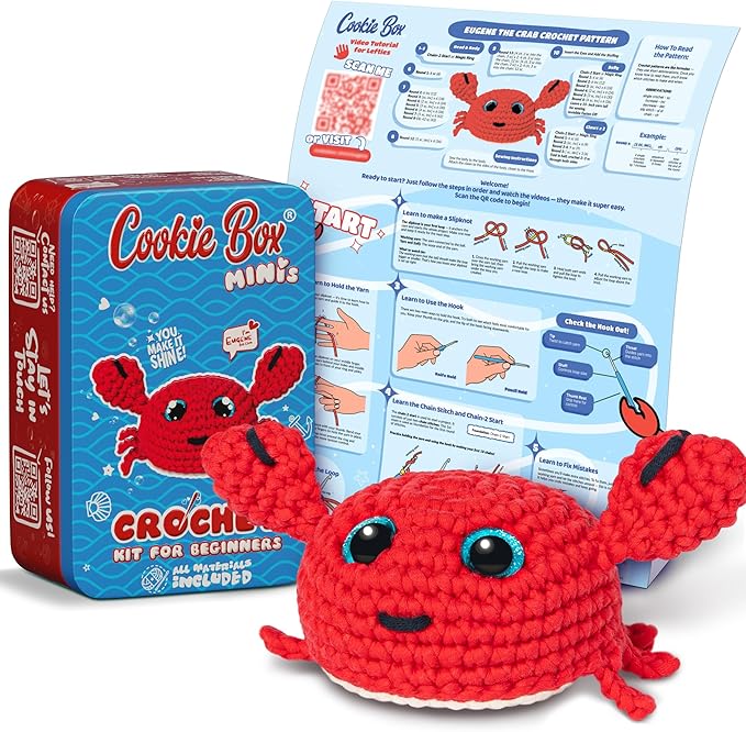 Cookie Box MINIs Crochet Kit for Beginners – Gift Set to Make Crab Eugene Amigurumi Plushie – Easy DIY Crochet & Knitting Starter Kit with Printed Instructions & Step-by-Step Video Tutorial