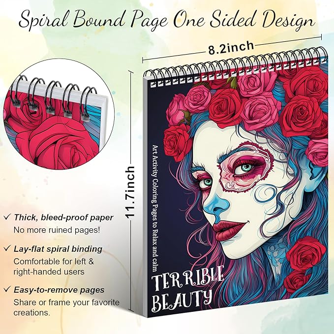 3Pcs Coloring Books for Adults Relaxation, 72 Patterns Sugar Skull Coloring Book for Adults, Mandala Coloring Book for Women, Spiral Coloring Books for Women Spiral Bound Printed On One Side