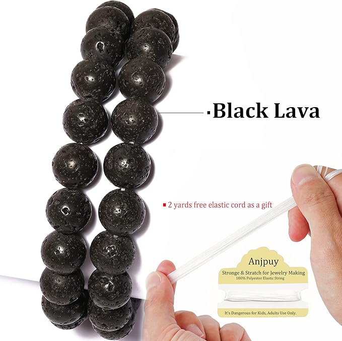 6mm Black Lava Round Bead - 60PCS Bulk Gemstone Beads for Jewelry Making, DIY Bracelets, Necklaces - Includes Crystal Stretch Cord - Stone Beads for Crafting Gifts