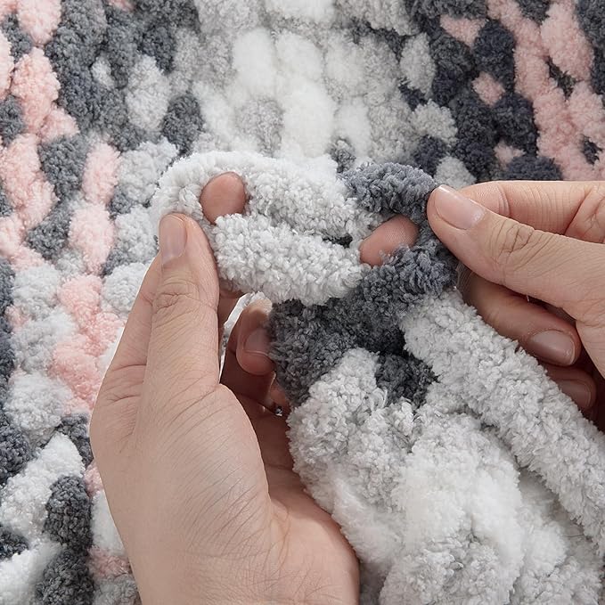 HOMBYS Chunky Tie Dye Mix Chenille Yarn for Hand Knitting, Super Bulky Jumbo Yarn for Crocheting, 3/4" Thick Soft Plush Yarn for Blankets, 8 Skein Pack (26 yds / 7.5 oz Each) Grey White Pink
