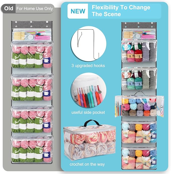 Coopay Yarn Storage Hanging Knitting Bag with 6 Compartments, Large Yarn Organizers and Storage with 3 Adjustable Hooks, Clear Hanging Knitting Organizer for Crochet Hooks, Knitting Needles