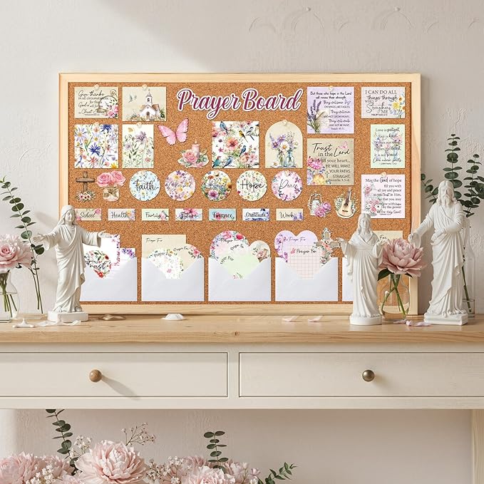 Flower Prayer Board Supplies - 114 Pcs Prayer Board Kit with Pins Envelope Bible Verse Quotes Cards, Colorful Floral Vision Boards Decorations, Bible Study Supplies (Not Including Board)