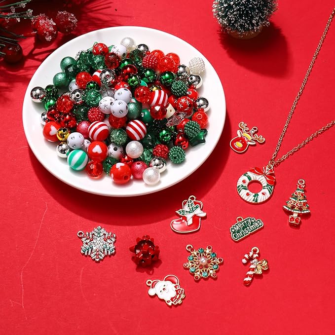 NVENF 2300PCS+ Christmas Beads Charms for Jewelry Making, Enamel Wreath Elk Snowman Snowflake Charms, Red Green Christmas Clay Beads, Assorted Rhinestone Star CCB Beads for DIY Bracelet