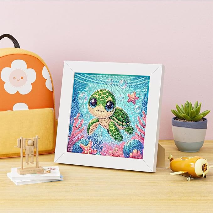Sea Turtle Diamond Art Painting Kits for Kids with Frame, Turtle Diamond Art for Kids Ages 4-8-12 with Frame, Easy Small Cute Animal Gem Painting Kit for Gift Home Wall Decoration (7x7 inch)