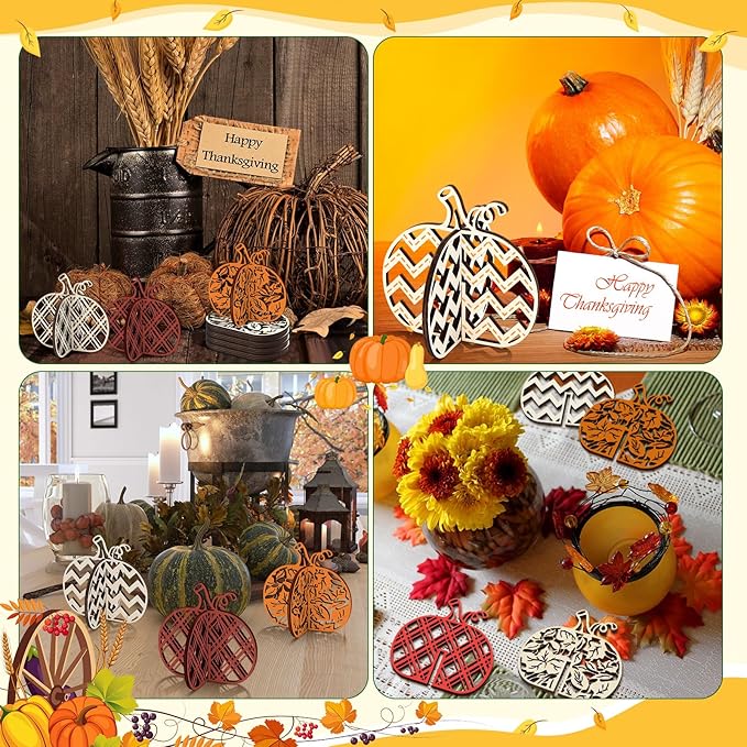 Huwena 36 Pcs Fall Crafts Set 24 Pumpkin Wood Cutouts for Thanksgiving Crafts 3D Unfinished Pumpkin Wooden Slices with 12 Colored Markers for Autumn Harvest DIY Table Tiered Tray Decor